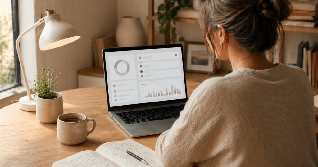 Mesa de trabajo de una pyme con tres tarjetas de proceso automatizado en un dashboard, acento rojo en el último indicador