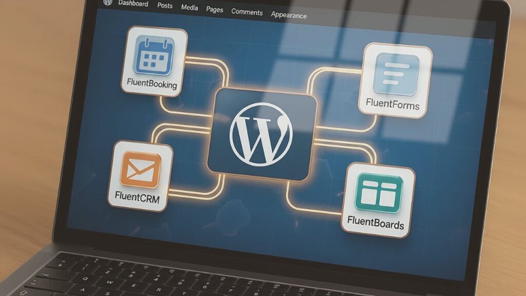 Portátil mostrando WordPress conectado con las herramientas de la suite Fluent
