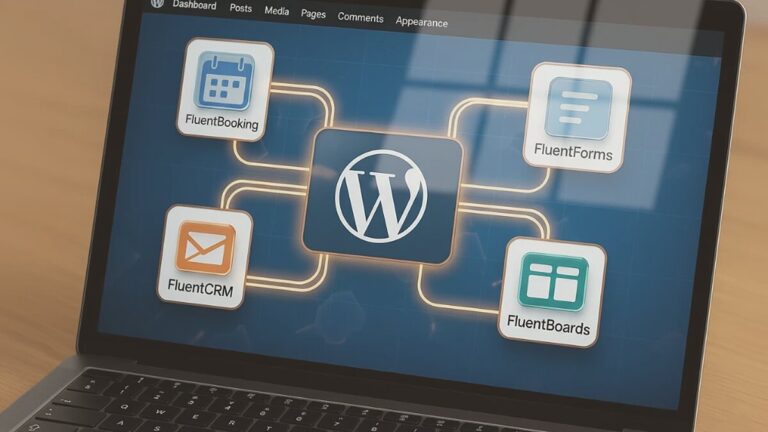 Portátil mostrando WordPress conectado con las herramientas de la suite Fluent