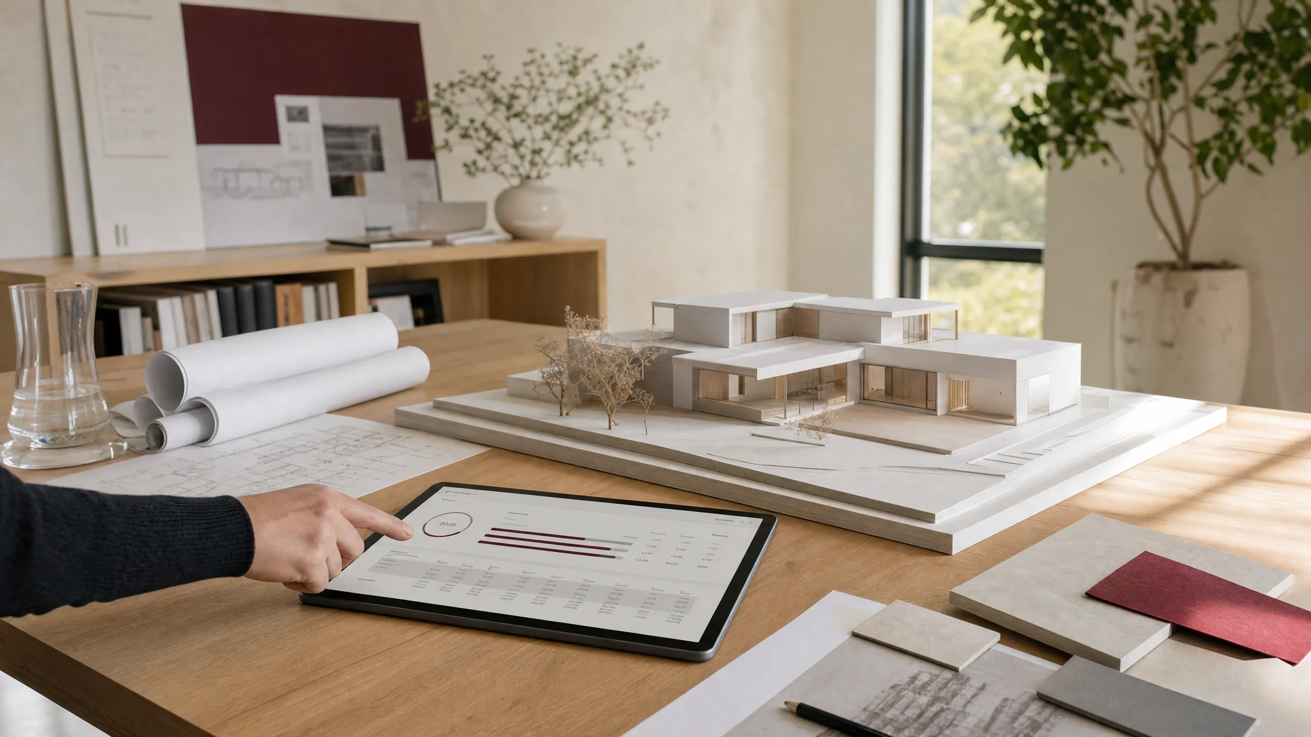 Mesa de un estudio de arquitectura con planos, la maqueta de una vivienda contemporánea y una tablet con el control de costes