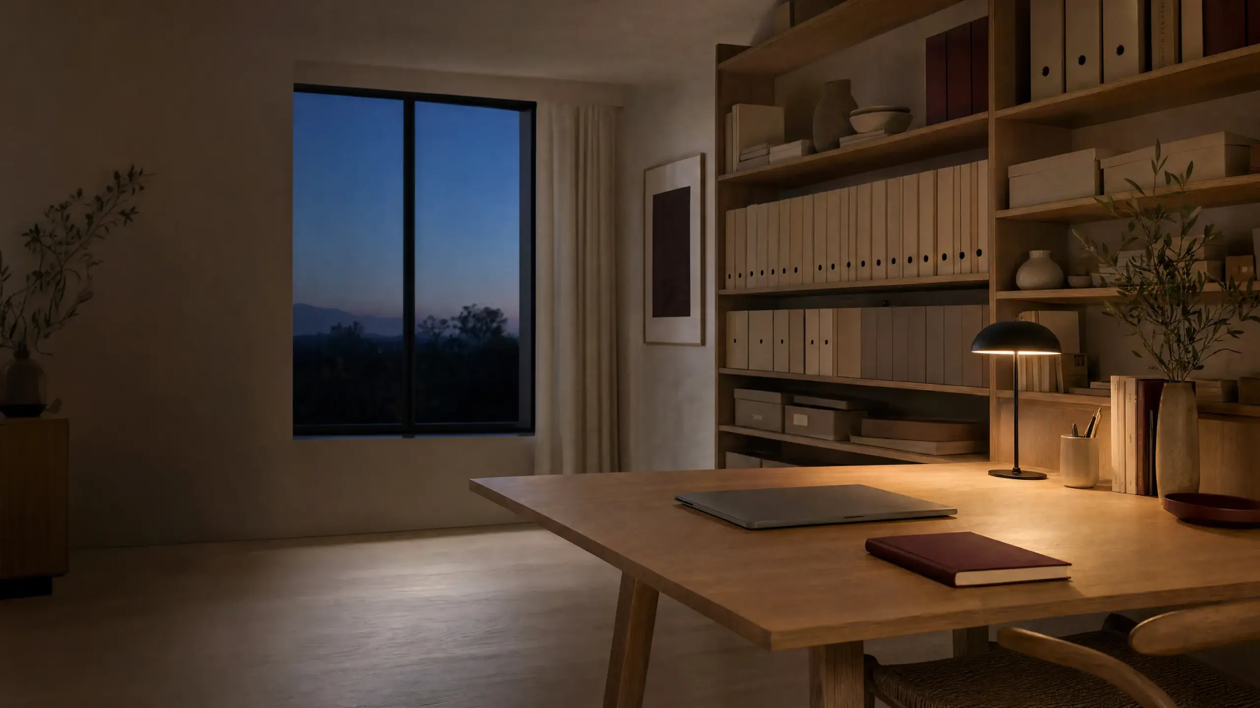 Estudio al atardecer con estanterías de archivo y una lámpara encendida